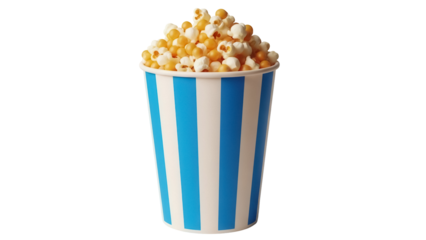 Delicious popcorn in blue striped bucket isolated PNG, snack for movie night or party on transparent background