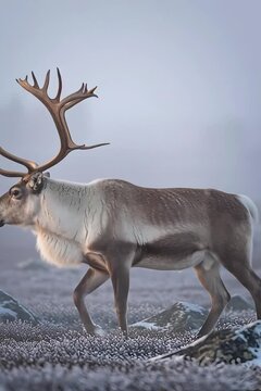 A majestic red deer stag with large antlers stands in the wild winter forest, a brown mammal showcasing its impressive horns amidst the snow and nature