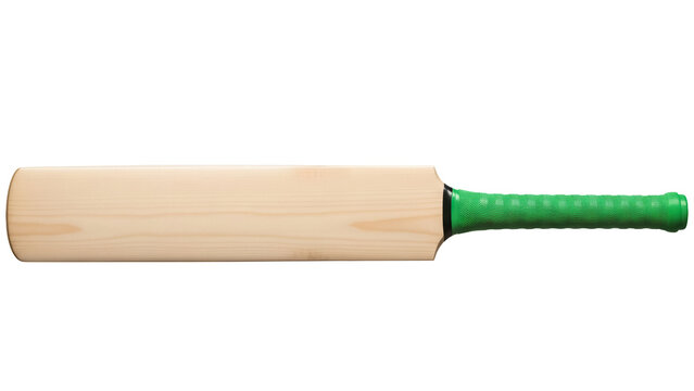 Cricket bat PNG isolated on transparent background, wooden sports equipment with green grip for professional or amateur play