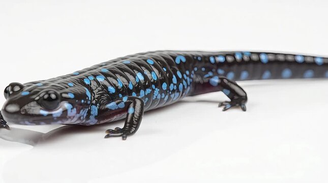 A small black gecko with a long tail and bright eyes is a wild reptile animal isolated on a white background 