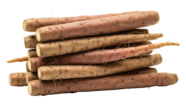 Pile of raw salsify roots isolated PNG, uncooked root vegetables on transparent background, healthy eating and vegetarian food