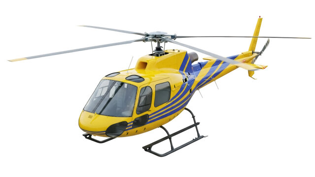 Yellow and blue helicopter PNG isolated on transparent background, modern rotorcraft for transportation and travel