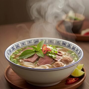 A delicious gourmet bowl of hot beef stew with Hot pho in a bowl, steaming