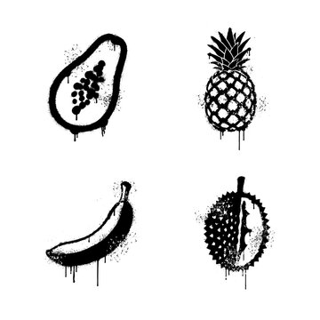 tropical fruit collection in street art graffiti spray paint style