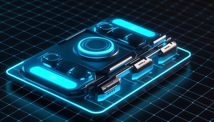 High-Tech Magnetic Smartphone Modules with Blue Glow and Grid Background - futuristic visual feel floating elements UI demo style