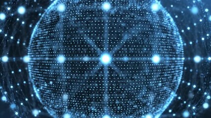 Global digital network visualization with illuminated data points forming an abstract technological sphere - Powered by Adobe