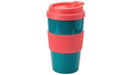 Teal and coral reusable coffee cup isolated PNG, eco-friendly travel mug for hot drinks on transparent background