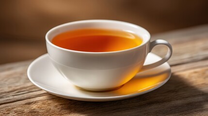 Fototapeta premium Cup of tea on wooden table warm beverage in cup rests on rustic wooden surface inviting moment of calm and reflection