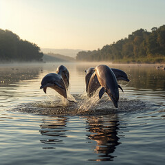 Dolphins Jumping in Water Marine Wildlife Nature Scene