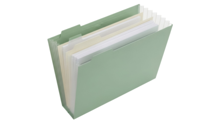 Light green expanding file folder isolated PNG on transparent background, accordion folder for organizing documents and paperwork