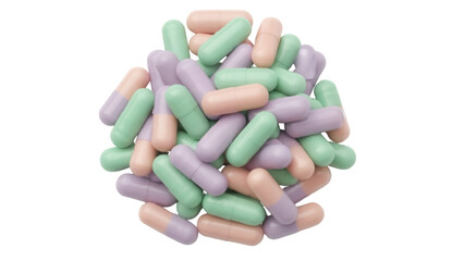 Pile of pastel-colored capsules isolated PNG, assortment of green, purple, and peach pills on transparent background, pharmaceutical drugs for healthcare