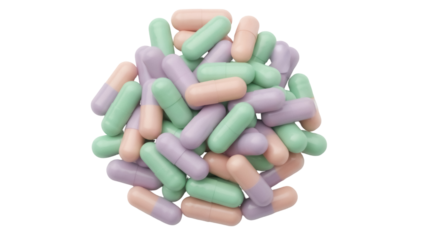 Pile of pastel-colored capsules isolated PNG, assortment of green, purple, and peach pills on transparent background, pharmaceutical drugs for healthcare