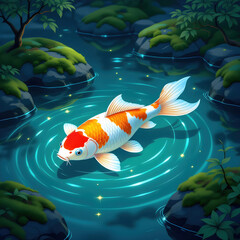 Tranquil Koi Fish Swimming Through a Glowing Forest Stream Under Soft Moonlight With Gentle Ripples and Magical Reflections