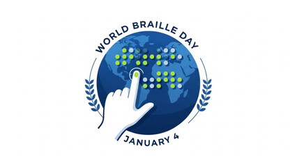 World Braille Day illustration with a hand touching a globe with Braille dots celebrating literacy and accessibility on January 4th