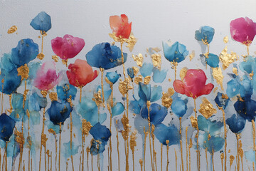 Abstract Watercolor Flowers with Golden Stems