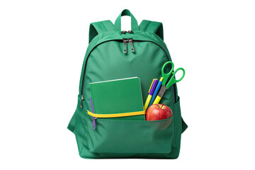 Green backpack with school supplies and apple