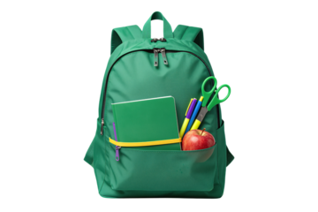 Green backpack with school supplies and apple