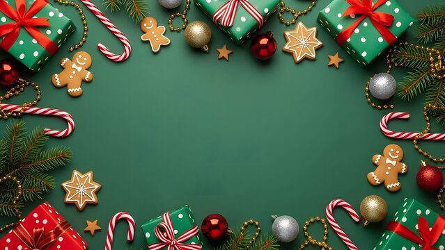 Christmas flat lay frame with wrapped gifts, gingerbread cookies, candy canes, and ornaments on a green background, festive holiday border with copy space for greeting design.