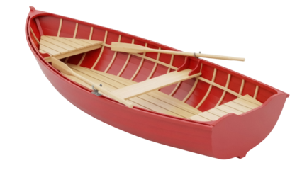 Red rowboat with oars isolated PNG on transparent background, wooden boat for rowing and recreation, nautical vessel for water sports