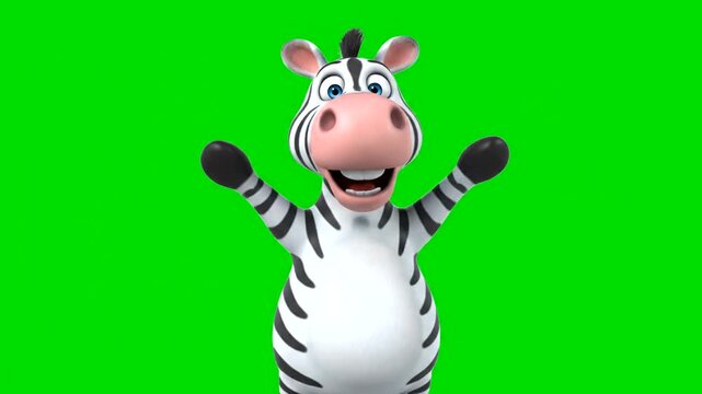 Cartoon zebra with open arms and a big smile on green screen.