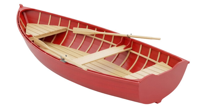 Red rowboat with oars isolated PNG on transparent background, wooden boat for rowing and recreation, nautical vessel for water sports