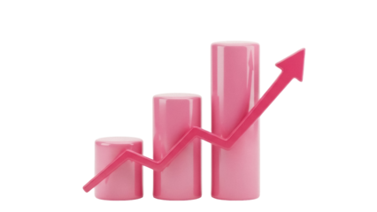 Pink bar graph with arrow isolated PNG, business growth chart on transparent background for presentations and infographics