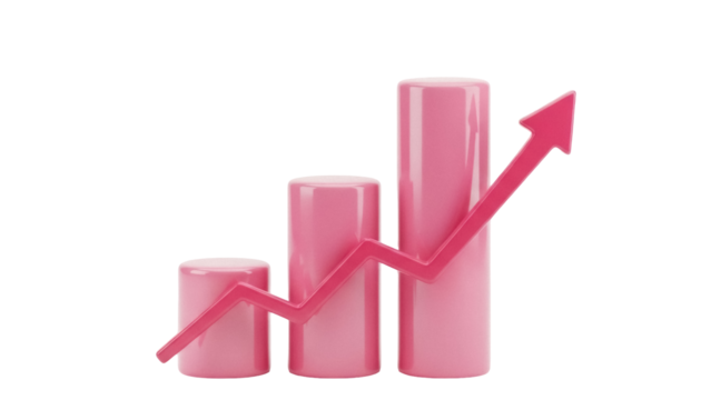 Pink bar graph with arrow isolated PNG, business growth chart on transparent background for presentations and infographics - Powered by Adobe