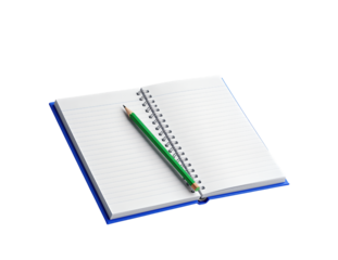 Open spiral notebook with green pencil on top