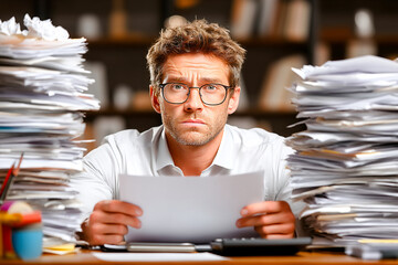 Man reviewing financial report among stacks of papers at a cluttered desk Generative AI