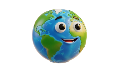 Cartoon Earth globe with a smiling face isolated PNG, happy planet character on transparent background for environmental and educational projects