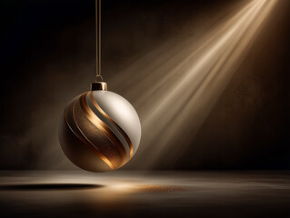 A single elegant white and gold Christmas ornament sparkling in a moody, atmospheric spotlight on a dark background.
