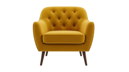 Mustard yellow armchair isolated PNG, mid-century modern accent chair with tufted back on transparent background, furniture for living room and home decor