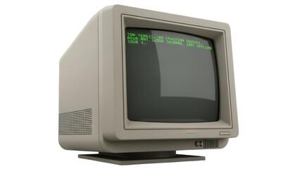 Vintage computer monitor isolated PNG on transparent background, retro beige CRT display with green text for 1980s technology and design