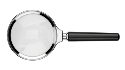 Magnifying glass PNG isolated on transparent background, classic search tool with black handle for investigation and close inspection