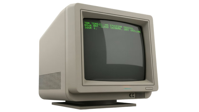 Vintage computer monitor isolated PNG on transparent background, retro beige CRT display with green text for 1980s technology and design