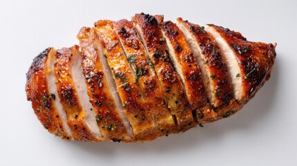 Sliced Spicy Roasted Chicken Breast with Herbs on White Background