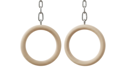 Gymnastic rings with chains isolated PNG, wooden fitness equipment for strength training and bodyweight exercises on transparent background