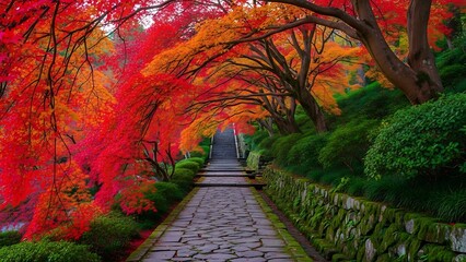 A beautiful stone path winding through a forest of vibrant red and orange autumn leaves