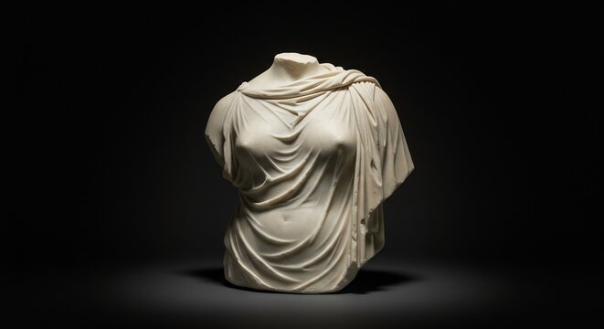 Marble torso statue draperycovered headless female form in dramatic spotlight against a dark background