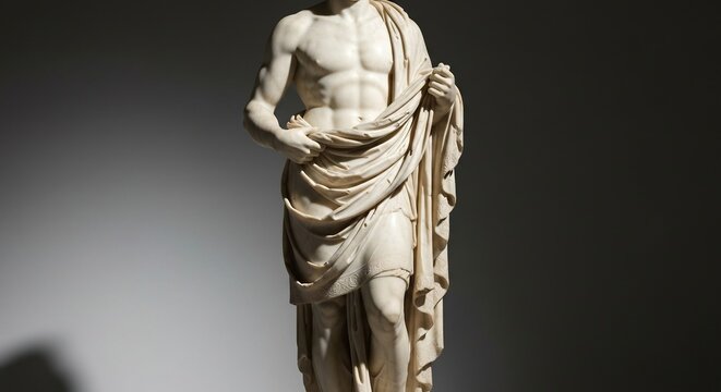 Marble statue of a male figure draped in fabric showing muscular torso and legs Gray gradient background