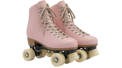 Pair of pink roller skates isolated PNG on transparent background, retro quad skates with beige laces for skating and recreation