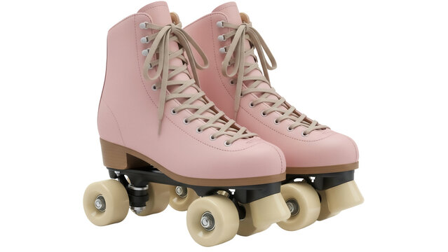 Pair of pink roller skates isolated PNG on transparent background, retro quad skates with beige laces for skating and recreation