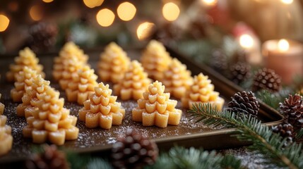 Christmas tree shaped cookies on baking sheet