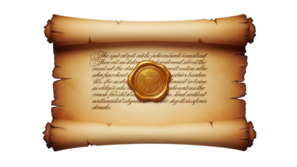 Antique scroll paper PNG isolated on transparent background, old parchment with wax seal for historical documents and vintage designs