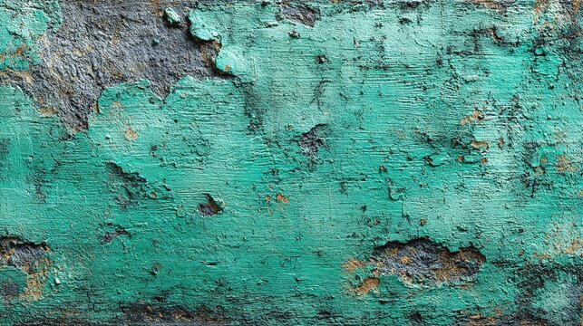 Abstract green painted concrete wall banner: soft sage wash layered with scratched, paper-like patina and weathered pits, creating a calm industrial-grunge texture