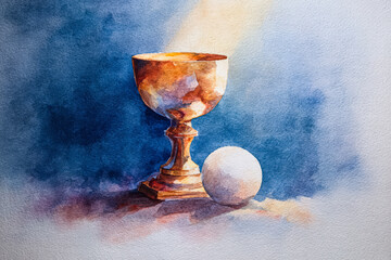 Golden chalice and white sphere on textured background with soft light illuminating scene