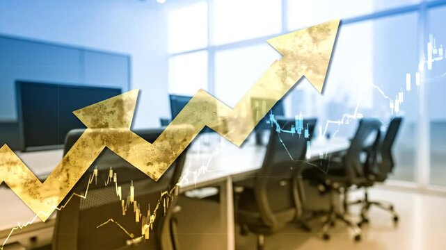 A golden upward arrow overlays a blurred office scene, conveying growth and success