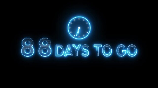 88 Days to go animation. Timer clock icon.  Neon counting days. Neon countdown timer.