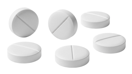 Set of white round pills isolated PNG, medication tablets with score line on transparent background for healthcare and pharmaceutical use