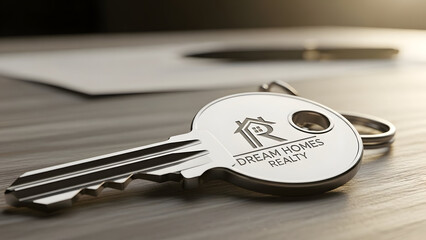 Silver House Key with "Dream Homes Realty" Logo on a Wooden Surface, Symbolizing Homeownership and Real Estate